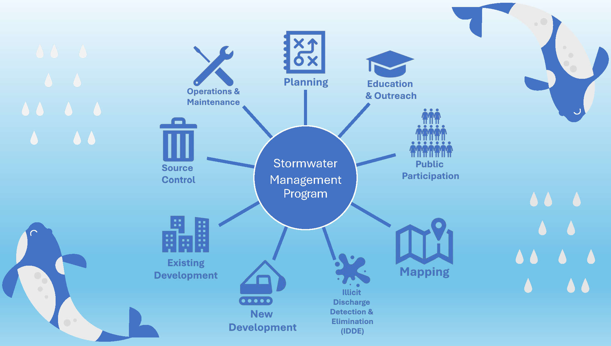 Diagram of stormwater management program with elements in a circle with orcas surrounding
